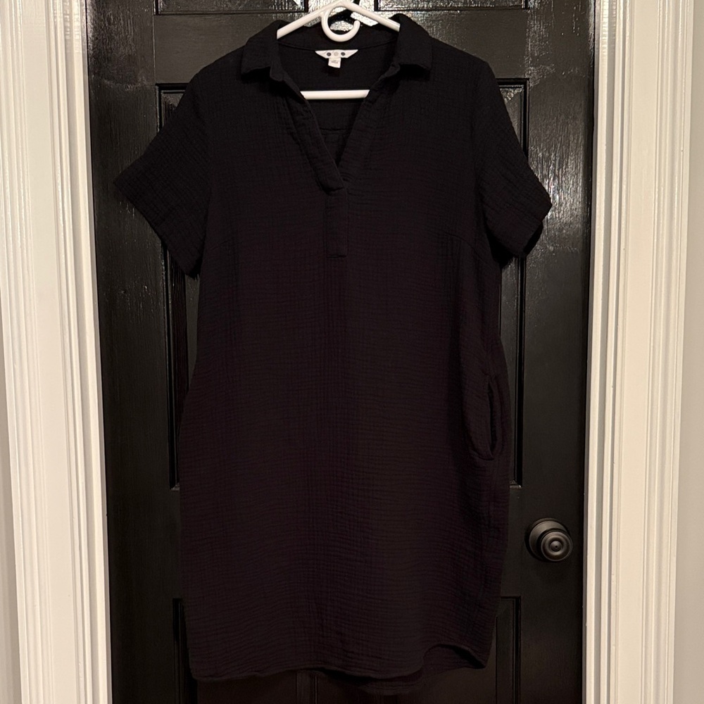 Three Dots Cotton Double Gauze Polo Collar Dress‎ Black Size Medium